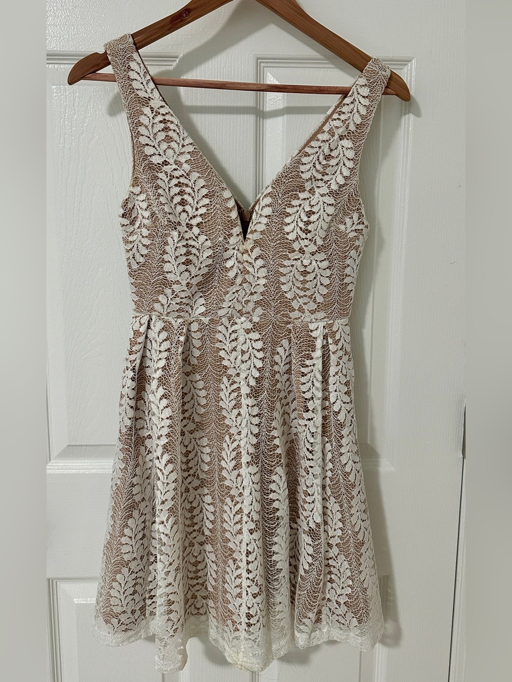 Lulu's Cream Lace Overlay Dress with Tan Underlayer